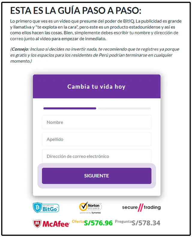  Este es el formulario que llenas con tus datos para que te llamen. Foto: captura de la web de estafa    