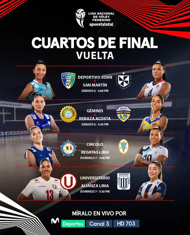 Programación de los cuartos de final de la LNSV 2024. Foto: Movistar Deportes..   