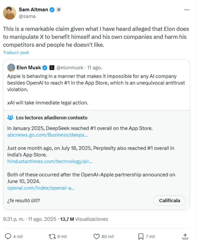 Respuesta de Sam Altman. Foto: captura de X Respuesta de Sam Altman. Foto: captura de X