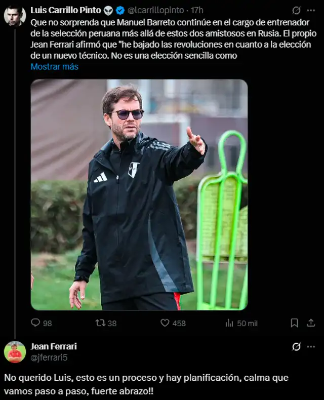  Respuesta de Jean Ferrari en redes sociales tras empate de Perú. Foto: Twitter   