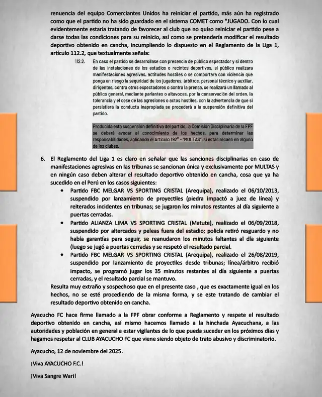  Comunicado de Ayacucho FC. Foto: Ayacucho FC   