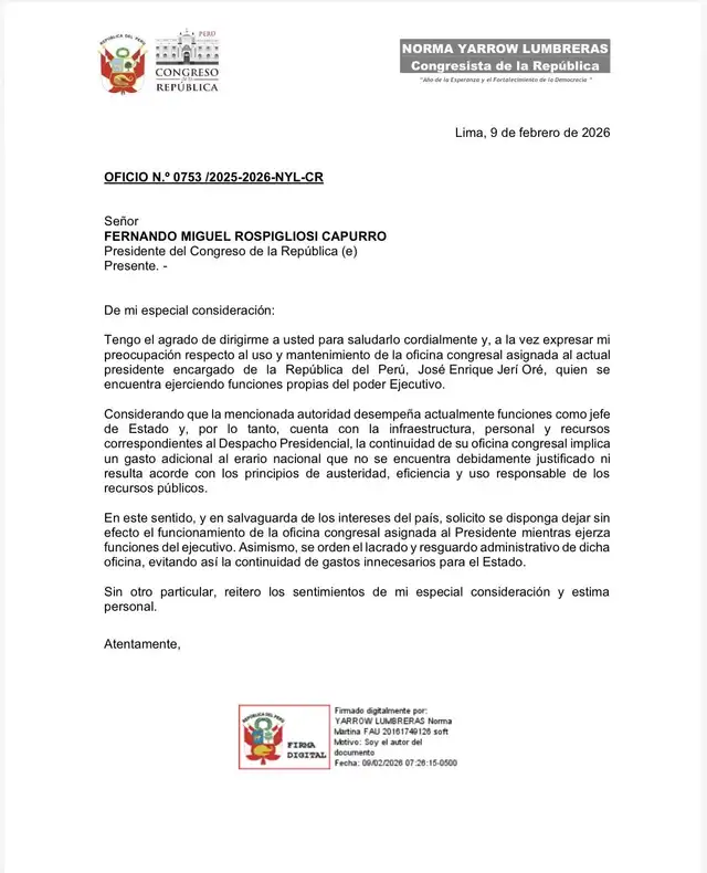  Oficio enviado a Fernando Rospigliosi por parte de Norma Yarrow | Foto: difusión.    