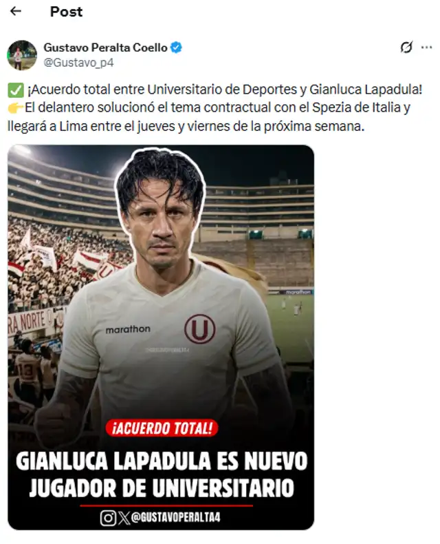 Gustavo Peralta informó que Gianluca Lapadula llegará a Universitario. Foto: Gustavo Peralta Gustavo Peralta informó que Gianluca Lapadula llegará a Universitario. Foto: Gustavo Peralta