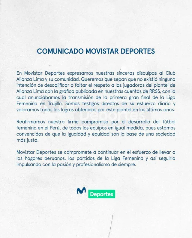 Comunicado de la casa televisora. Foto: Movistar Deportes