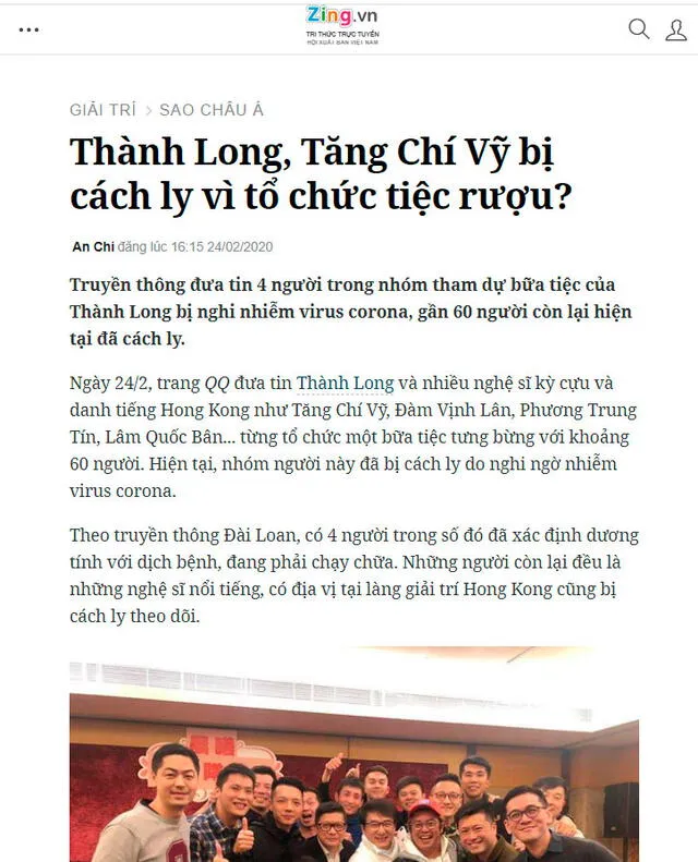 Screenshot de la nota del portal de Vietnam Zing sobre Jackie Chan y el coronavirus. 24 de febrero de 2020.