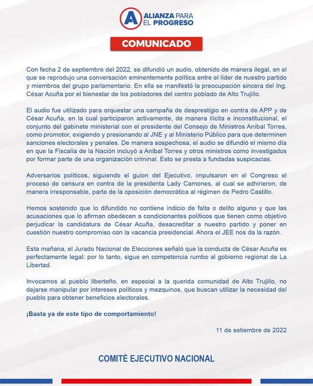 Comunicado de APP sobre César Acuña. Foto: documento