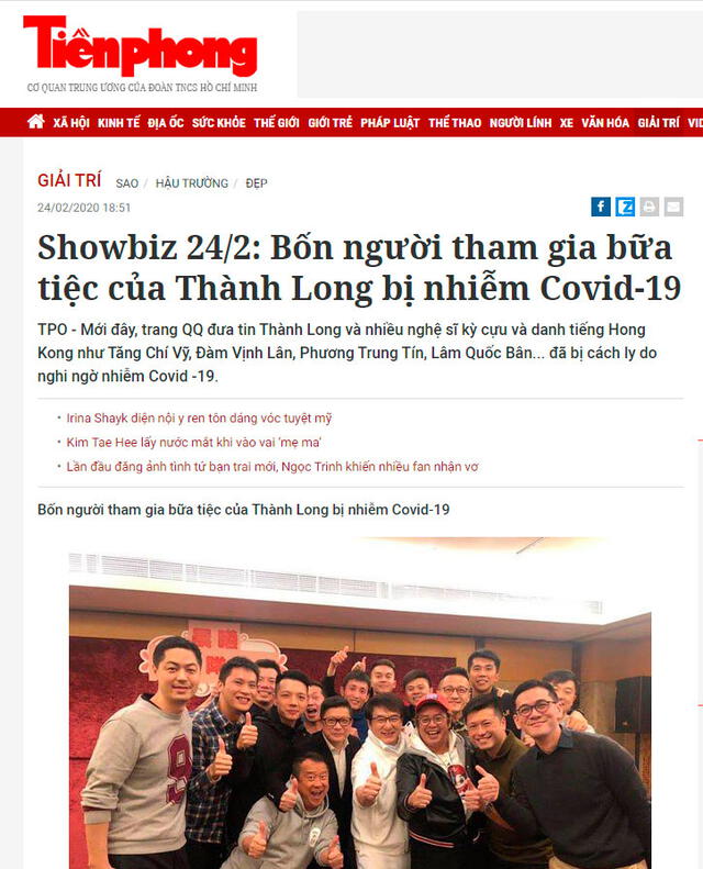 El portal vietnamita Tienphong presentó un informe asegurando que Jackie Chan estaba en cuarentena.