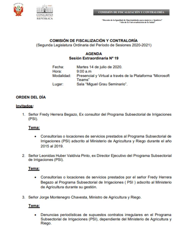 Agenda de la Comisión de Fiscalización.