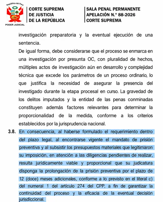Decisión del Poder Judicial que confirma la prisión preventiva contra Castillo.