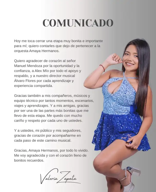 Valeria Zapata dejó Amaya Hermanos el 19 de septiembre, agradeciendo a sus compañeros y destacando las amistades forjadas durante su etapa en la orquesta. Valeria Zapata dejó Amaya Hermanos el 19 de septiembre, agradeciendo a sus compañeros y destacando las amistades forjadas durante su etapa en la orquesta.