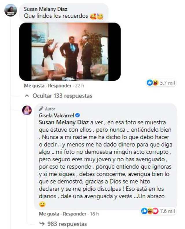 Gisela Valcárcel responde a críticas por video junto a Montesinos. Foto: captura/Facebook