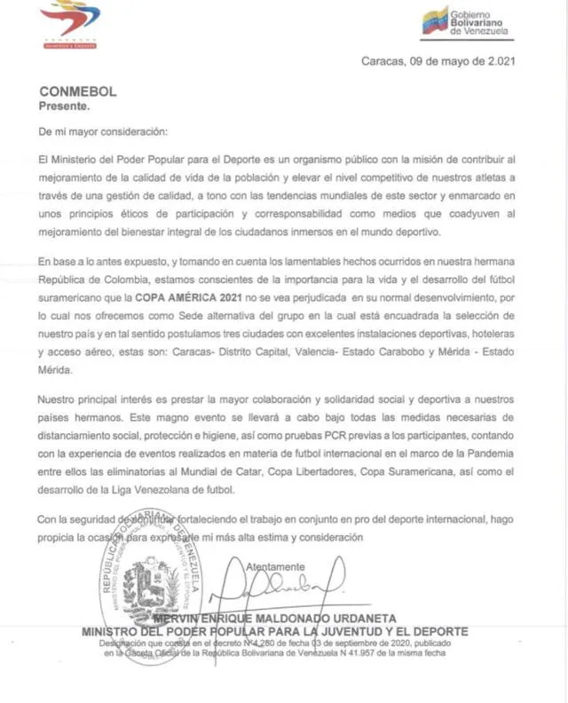 La carta de Venezuela a Conmebol para organizar la Copa América.