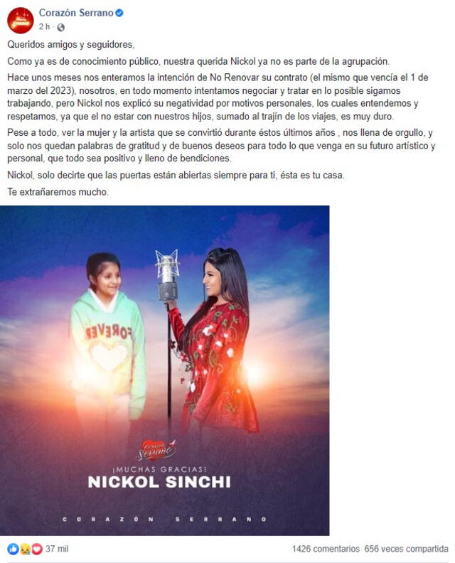 Corazón Serrano dedica mensaje a Nickol Sinchi. Foto: Facebook/Corazón Serrano   