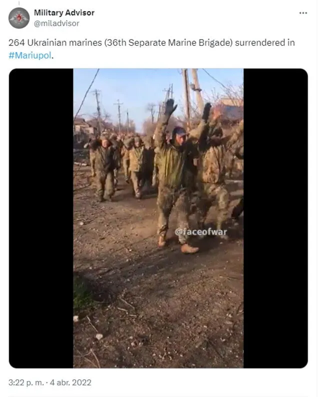  El video de los más de 260 militares "rendidos" fue grabado en Mariúpol. Fuente: captura de Twitter    