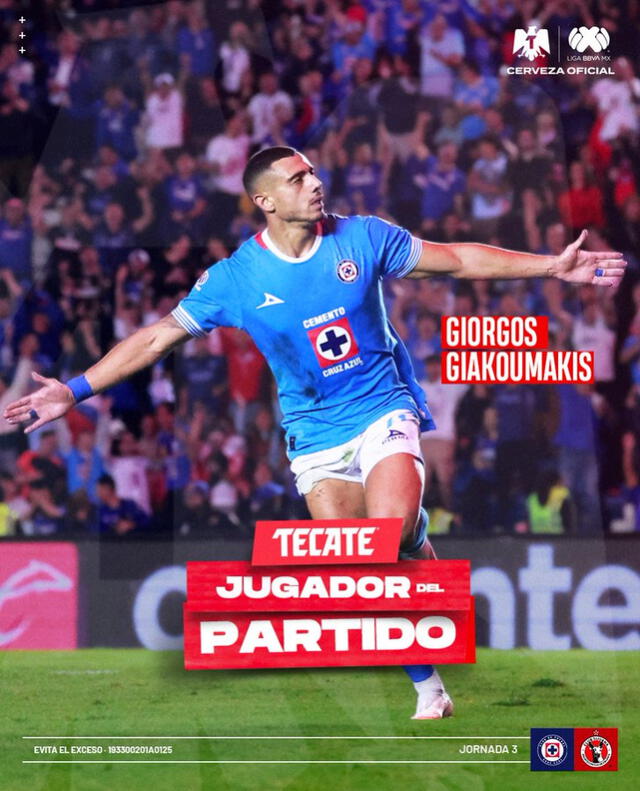  Con su doblete, Giorgos Giakoumakis comandó el triunfo de Cruz Azul y se lleva el premio al jugador del partido. Foto: @LigaBBVAMX   