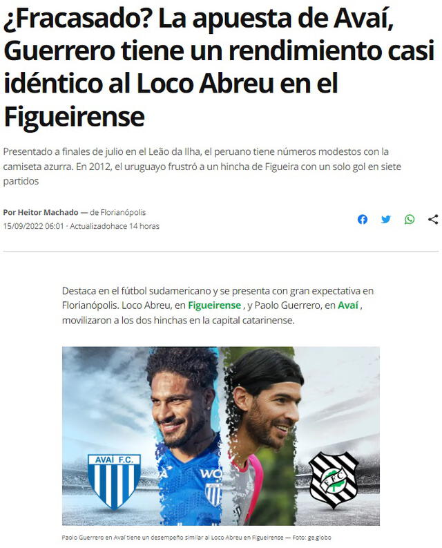 Nota comparativa entre Guerrero y Abreu. Foto: captura de Globoesporte