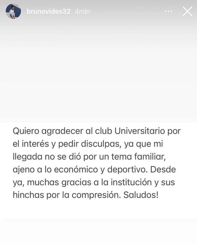 Vides agradeció el interés del club. Foto: Instagram