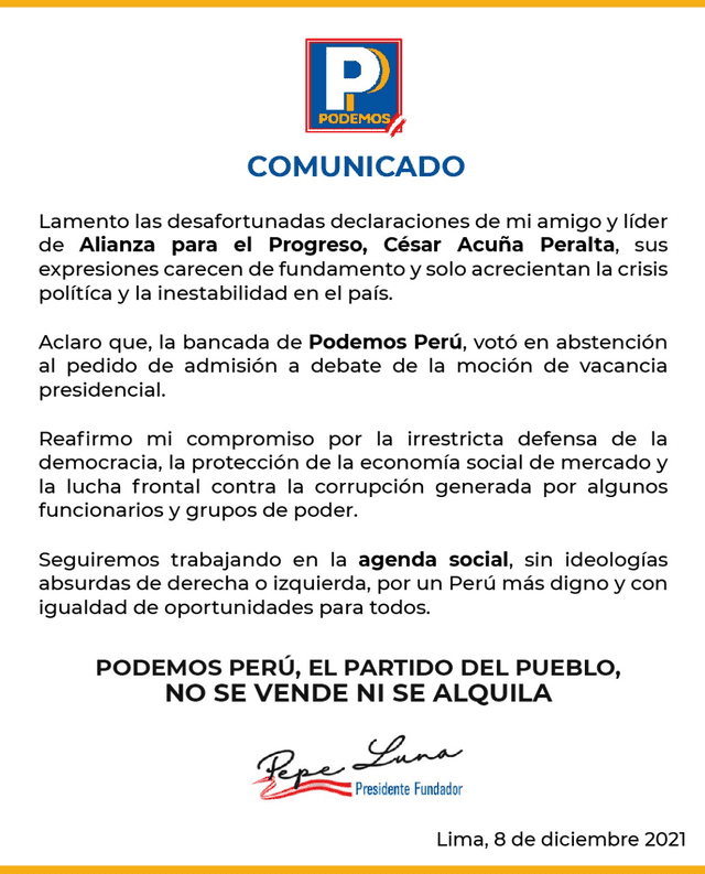 Comunicado de Podemos Perú. Foto: Podemos Perú
