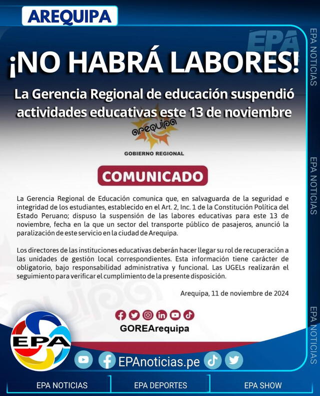  Suspenden clases en Arequipa. Foto Gobierno regional Arequipa    