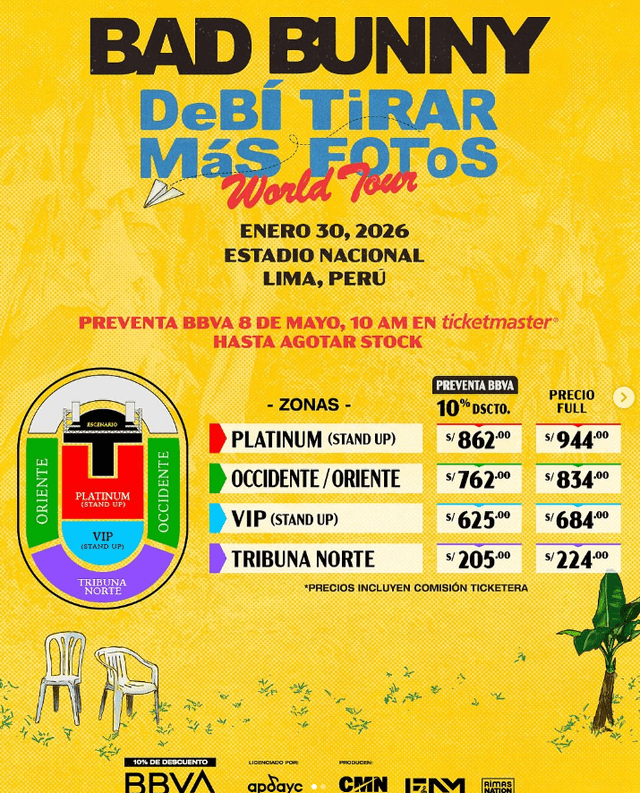 Precios y zonas para el concierto de Bad Bunny. Foto: Teleticket Precios y zonas para el concierto de Bad Bunny. Foto: Teleticket