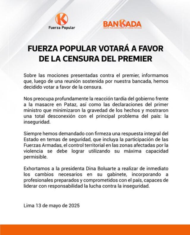 Comunicado de Fuerza Popular sobre censura a Gustavo Adrianzén. Foto: X Comunicado de Fuerza Popular sobre censura a Gustavo Adrianzén. Foto: X