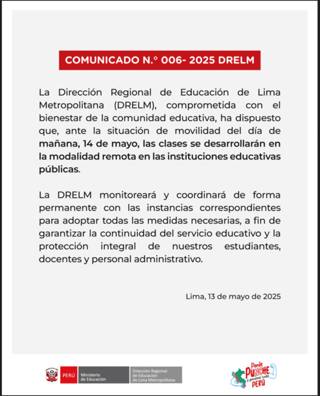Minedu confirma clases virtuales para colegios públicos ante paro nacional de transportistas. Foto: Minedu Minedu confirma clases virtuales para colegios públicos ante paro nacional de transportistas. Foto: Minedu