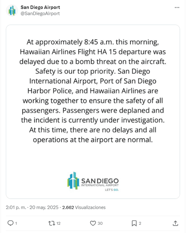 Por medio de las redes sociales, el aeropuerto de San Diego informFoto: Captura X 