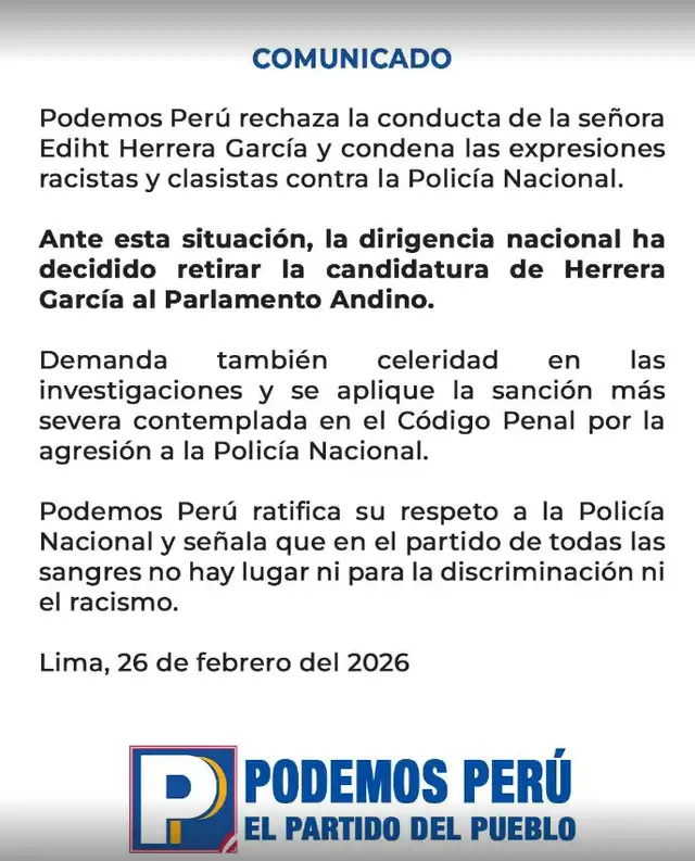 Podemos Perú retiró de la candidatura a Edith Herrera. Foto: PP