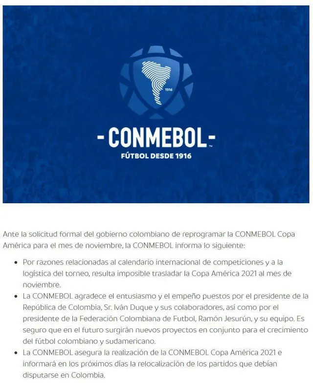 Comunicado de la Conmebol sobre pedido de Colombia para aplazar la Copa América