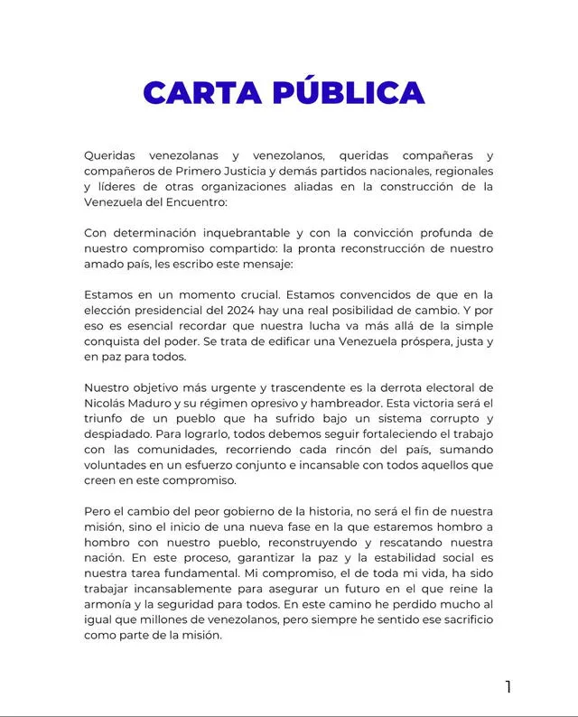  Carta pública de Henrique Capriles (Parte 1). Foto: X<br>   