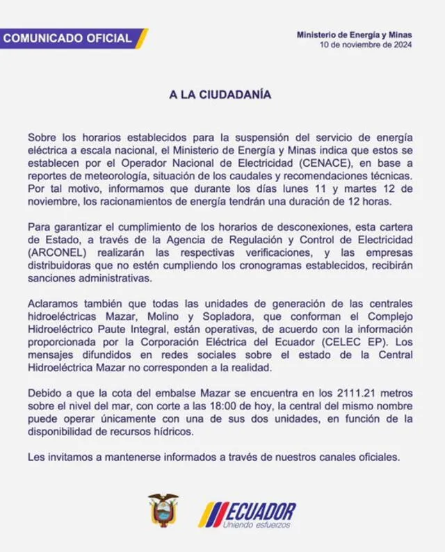 El Gobierno de Ecuador anunció el corte de luz por 12 horas en todo el país. Foto: Gobierno de Ecuador