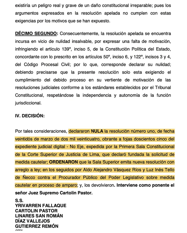 Anulan medida cautelar a favor de Inés Tello y Aldo Vásquez.   