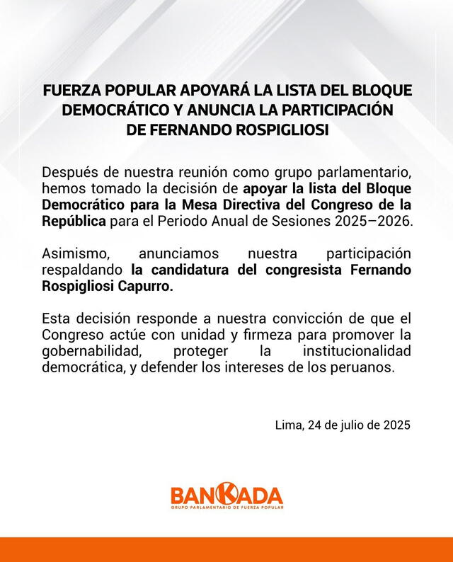 Fuerza Popular confirma postulación de Fernando Rospigliosi a Mesa Directiva. Foto: x   
