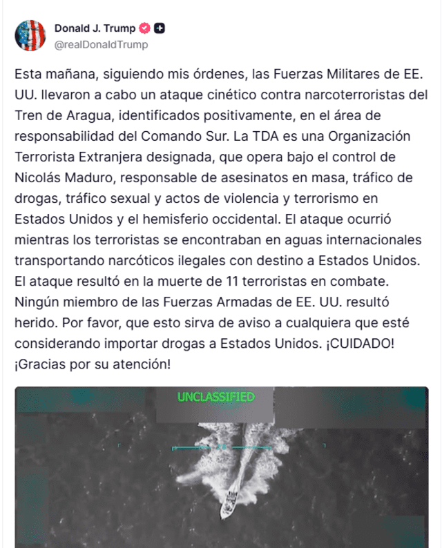  Trump confirmó el ataque a embarcación "narcoterrorista" en su red social. Foto: Captura   