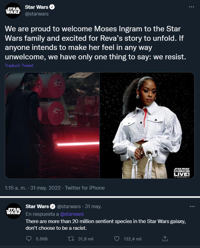 Star Wars defiende a Moses Ingram de comentarios racistas. Foto: Twitter