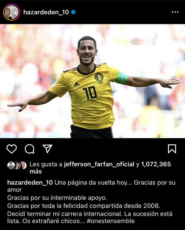 Así fue el mensaje de Hazard en sus redes sociales. Foto: captura Instagram