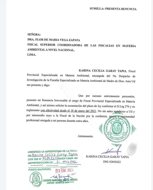 Karina Garay, carta de renuncia Karina Garay, carta de renuncia