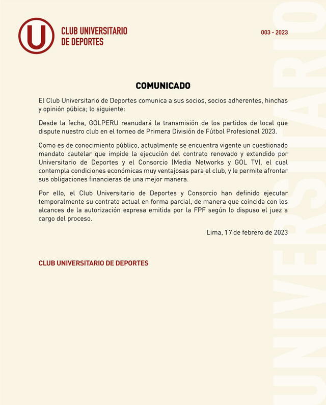 Comunicado de Universitario. Foto: Universitario.   