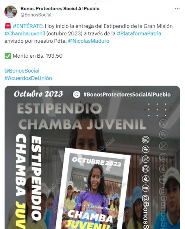  El Bono Chamba Juvenil se entrega mensualmente en Venezuela. Foto: Bonos Protectores Social al Pueblo    