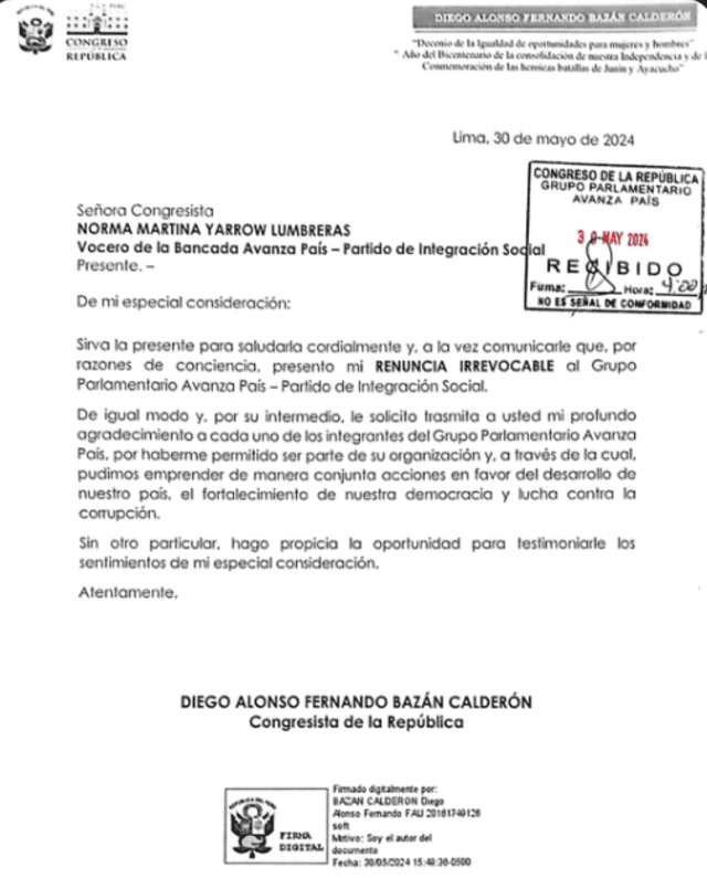 Carta de renuncia de Diego Bazán. Foto: difusión   