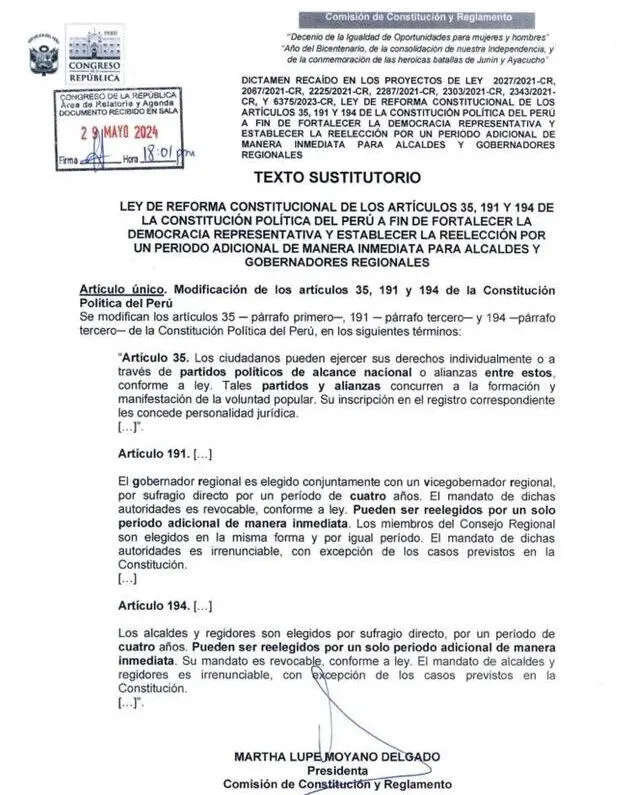 Dictamen de la Comisión Constitucional rechazado en el Pleno del Congreso.   