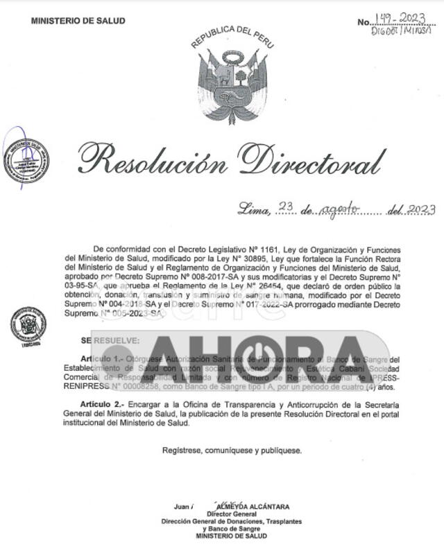 Resolución Directorial N°149-2023, donde se autoriza el funcionamiento del banco de sangre para ONG de Cabani | Fuente: Alonso Ramos-Ocurre Ahora.    