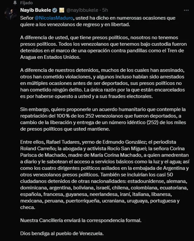 Bukele anunció que la Cancillería enviaría la solicitud de manera formal. Foto: publicación de Bukele vía X Bukele anunció que la Cancillería enviaría la solicitud de manera formal. Foto: publicación de Bukele vía X