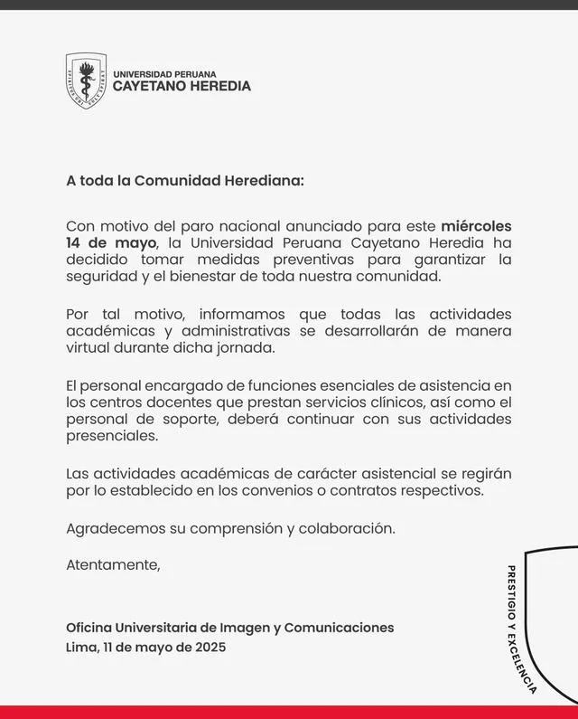 Comunicado de la Universidad Cayetano Heredia. Foto: X Comunicado de la Universidad Cayetano Heredia. Foto: X