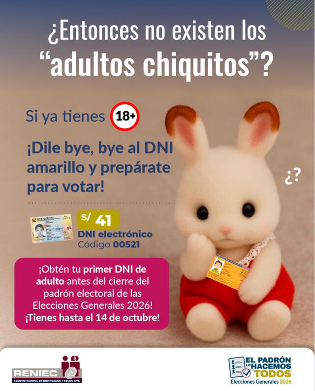 Reniec recuerda la importancia de cambiar al DNI adulto antes del cierre del padrón electoral   