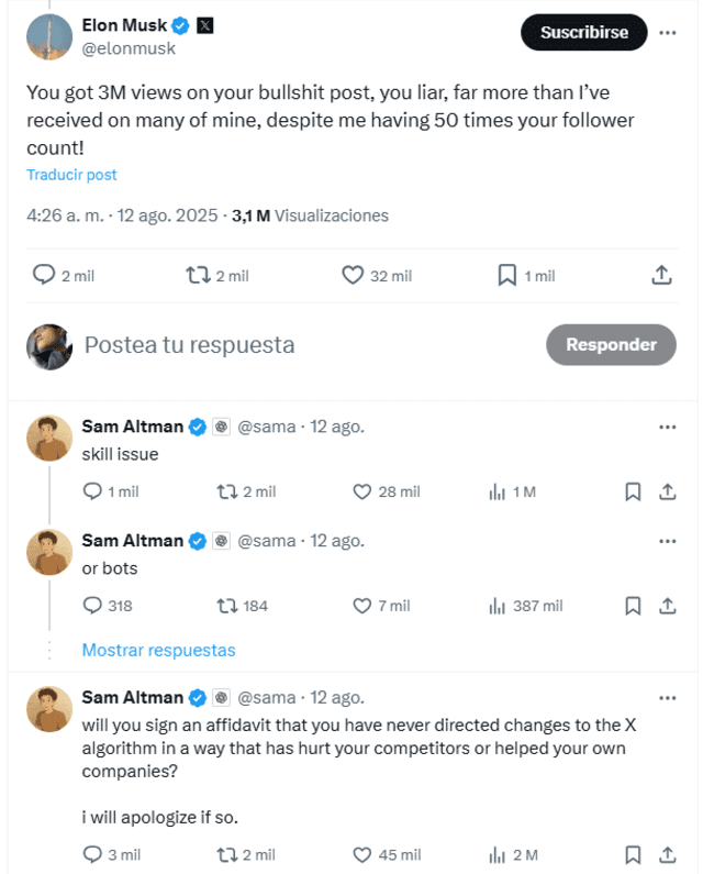 Intercambio de palabras entre Elon Musk y Sam Altman. Foto: captura de X Intercambio de palabras entre Elon Musk y Sam Altman. Foto: captura de X