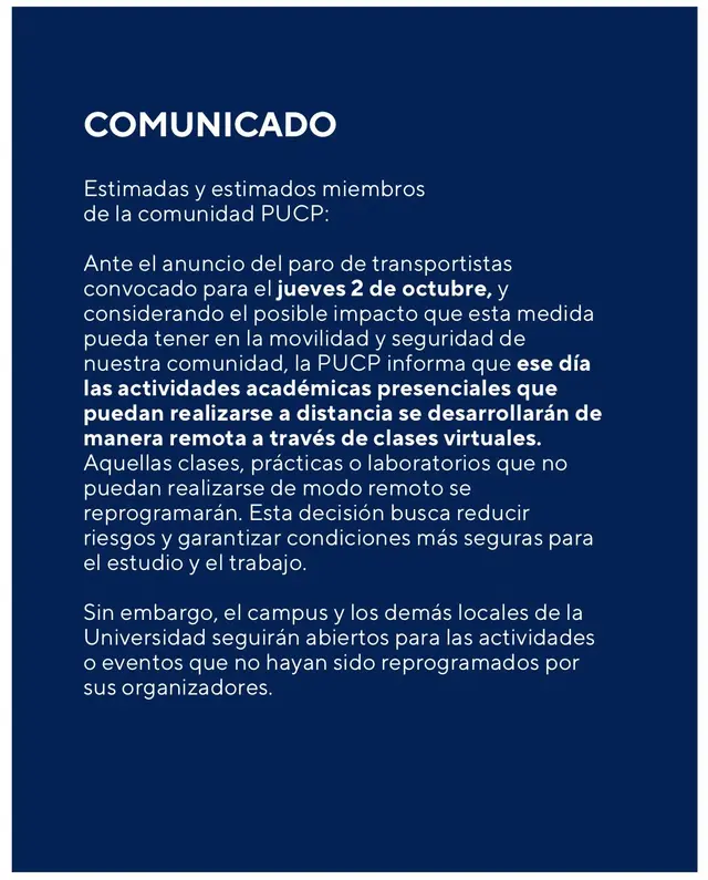 Comunicado de la PUCP tras paro de transportistas. Comunicado de la PUCP tras paro de transportistas.