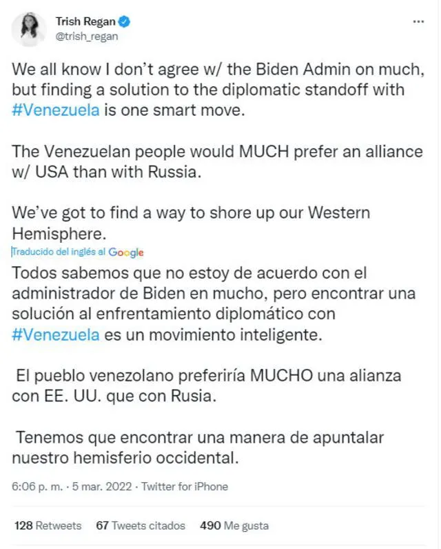 Comentario de Tirsh Regan en Twitter sobre la posible reunión entre representantes del Gobierno de Joe Biden y Nicolás Maduro. Foto: captura Twitter