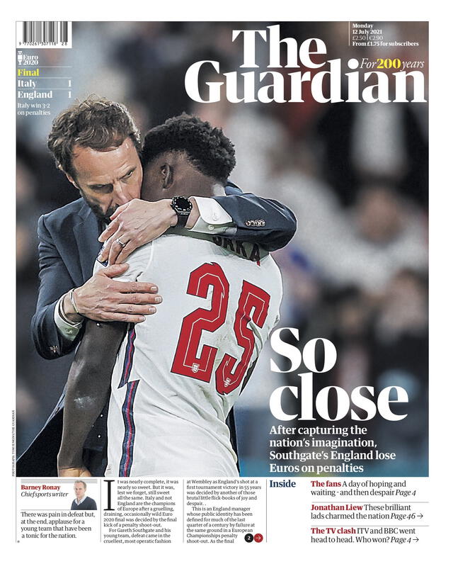 The Guardian resaltó lo cerca que se quedó Inglaterra de conquistar su primera Eurocopa. Foto: difusión