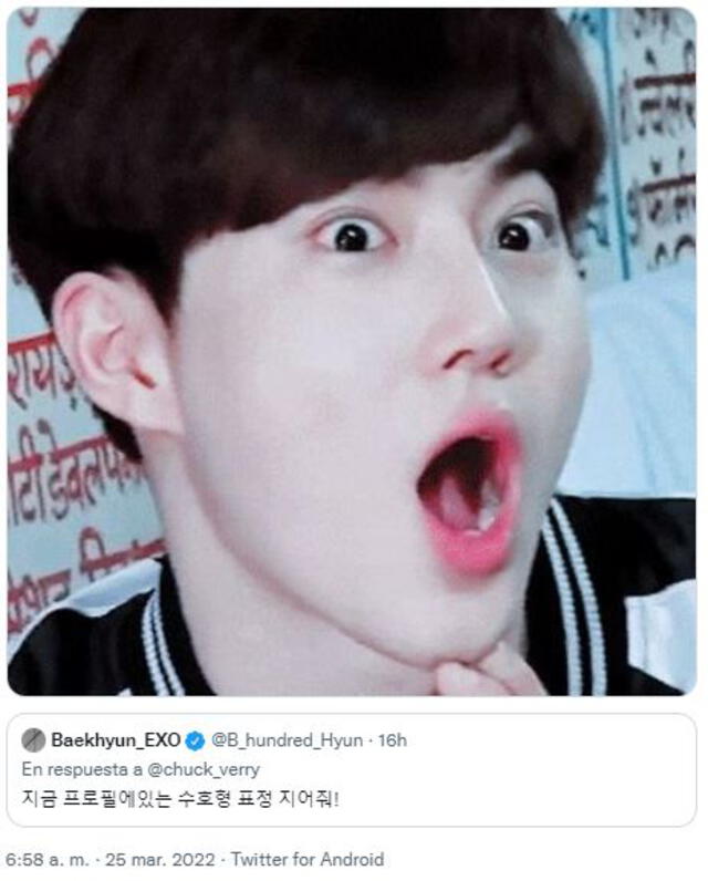 Baekhyun bromeó con los fans y sugirió que hiciesen esa expresión al verlo. Foto: Twitter